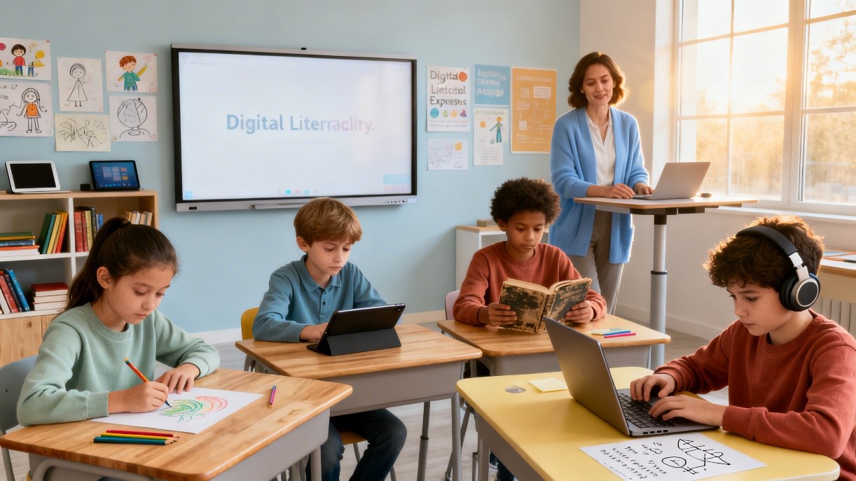Ilustração sobre os benefícios e cuidados da tecnologia na educação, mostrando estudantes utilizando tablets e computadores em sala de aula digital